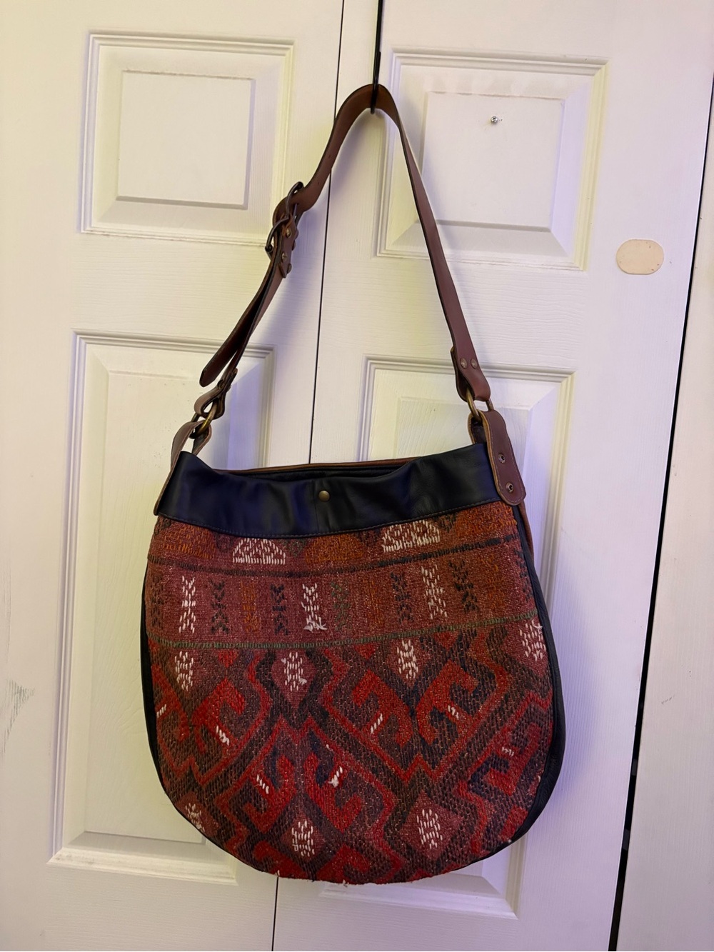 Handwoven Red Pattern Shoulder Bag with Brown Strap
